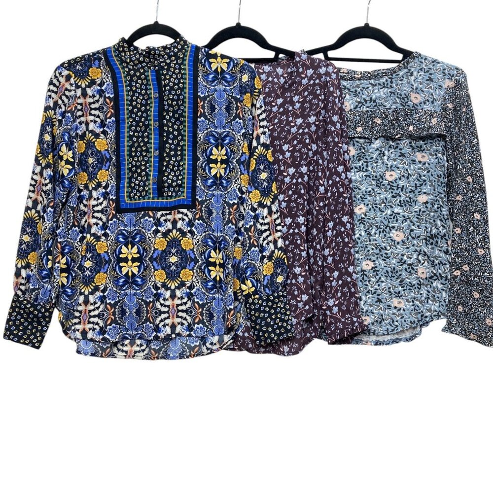 Loft Lot of 3 Tops, Size Petite XS, Blue Floral Prints Ruffles Feminine Details